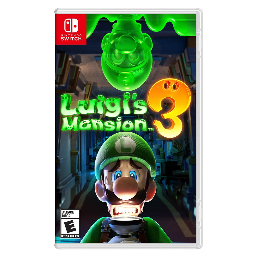 Cover of JUEGO LUIGI'S MANSION 3 for Nintendo Switch showing Luigi and glowing ghostly figure.