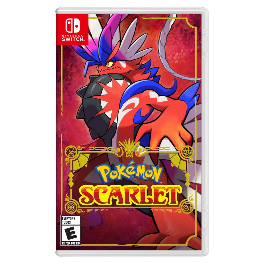 Cover art of JUEGO POKÉMON SCARLET for Nintendo Switch featuring legendary Pokémon.