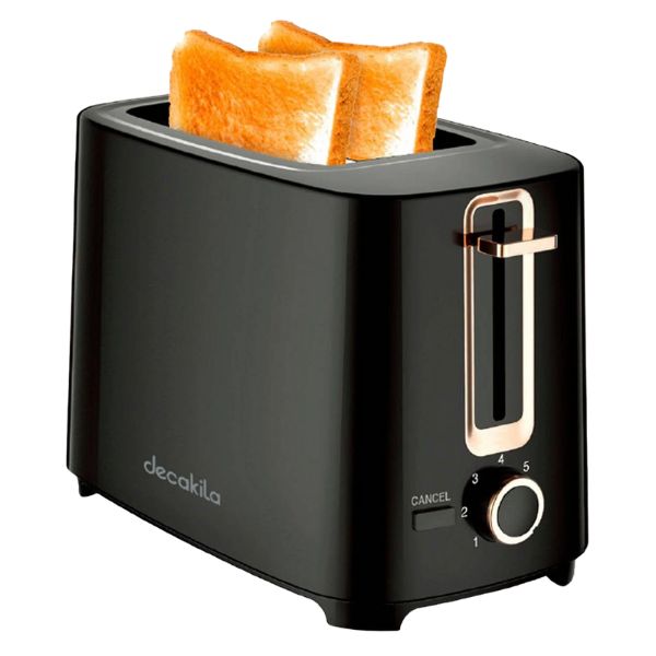 Tostadora del SET 3PCS COFFEEMAKER-TOSTADORA-TETERA KUCF005B Decakila en negro con dos rebanadas de pan tostado.