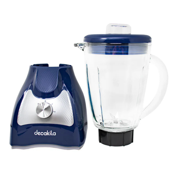 LICUADORA 1.5L 650W KUJB045L KUJB045B Decakila, color azul y plata, con jarra de vidrio y control de 2 velocidades.