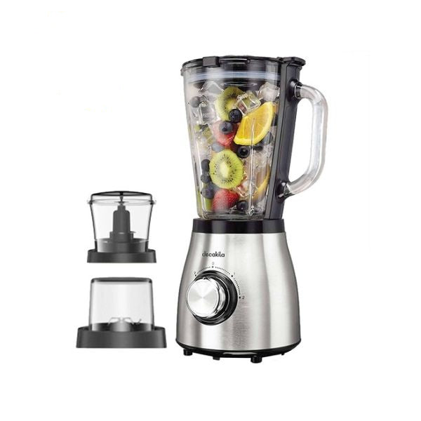 LICUADORA 1.5L 600W 2 VELOCI KUJB006M Decakila con jarra de vidrio y frutas frescas en su interior