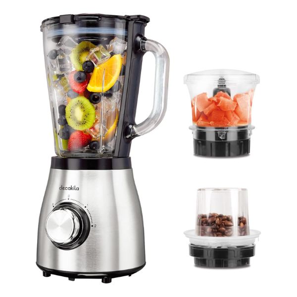 Licuadora Decakila KUJB006M de 1.5L y 600W con jarra de vidrio, 2 velocidades, frutas y accesorios adicionales.