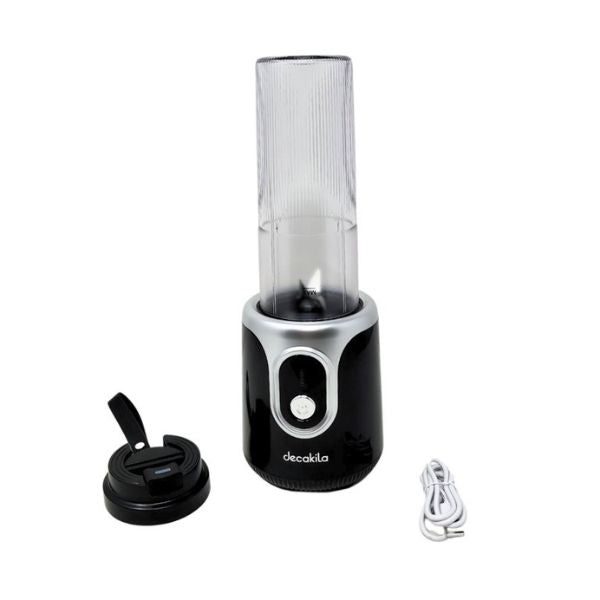 LICUADORA PERSONAL 500ML 7.4V AZUL BATERIA RE KMJB022B/L Decakila con accesorios, diseño compacto y portátil, color negro.