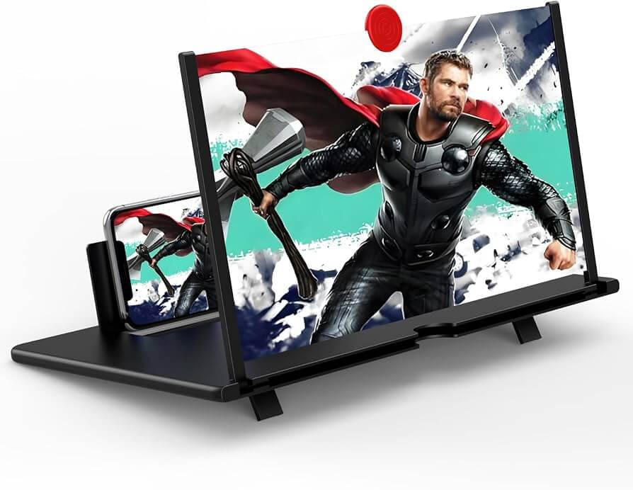 Amplificador de pantalla para celular 18 pulgadas con imagen de héroe de acción en fondo colorido.