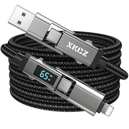 Cable cargador 4 en 1 nylon de 2 metros, compatible con iPhone y Samsung, alta durabilidad y versatilidad.