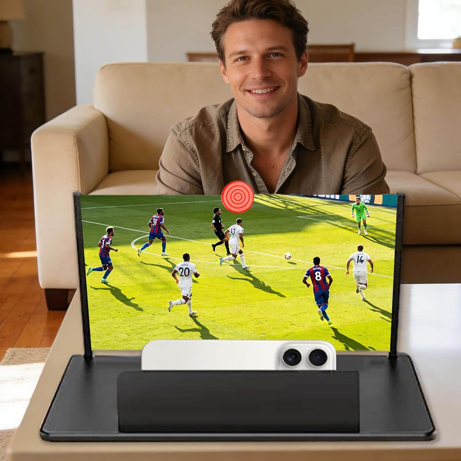 Amplificador de pantalla para celular viendo un partido de fútbol en casa, aumenta la experiencia visual.