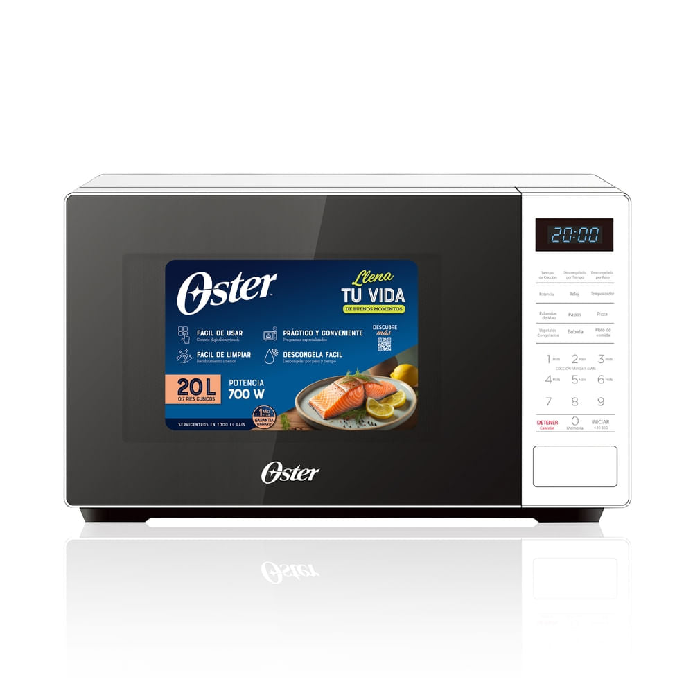 Microondas digital OSTER 20L, modelo OGGE3701, con capacidad de 20 litros y potencia de 700W, pantalla digital y diseño moderno.