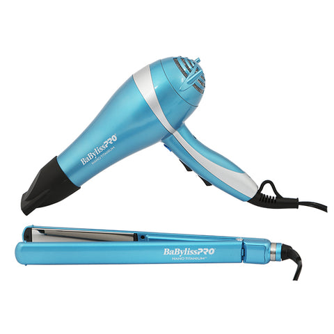 PACK PLANCHA ULTRA 1+SEC IONI 2000W con plancha y secadora BaBylissPRO de tecnología Nano Titanium en azul