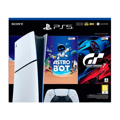 CONSOLA SONY PS5 SLIM DIGITAL ASTRO BOT+ GT7 (825GB) packaging with games Astro Bot and Gran Turismo 7.