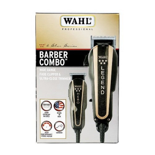 Wahl Barber Combo set featuring Legend fade clipper and Hero ultra-close trimmer in a sleek design.