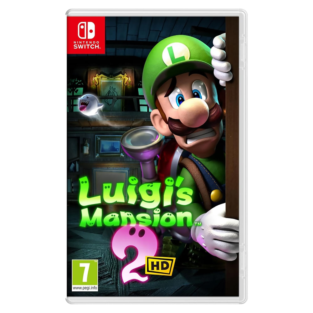 Cover of JUEGO LUIGI"S MANSION 2 HD for Nintendo Switch featuring Luigi peeking through a door in a haunted mansion.