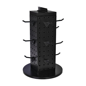 Black rotating EXHIBIDOR COLAS YEHL display with hooks on a round base for showcasing products.