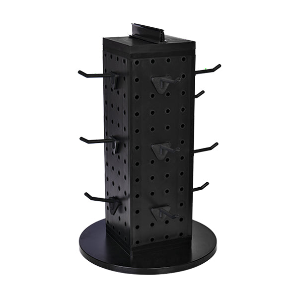 Black rotating EXHIBIDOR COLAS YEHL display with hooks on a round base for showcasing products.
