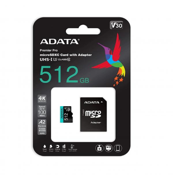 MEMORIA MICRO SD 512GB 4K V30 ADATA COMPATIBLE CON DRONES Y NINTENDO AUSDX512GUI3V30SA2-RA1