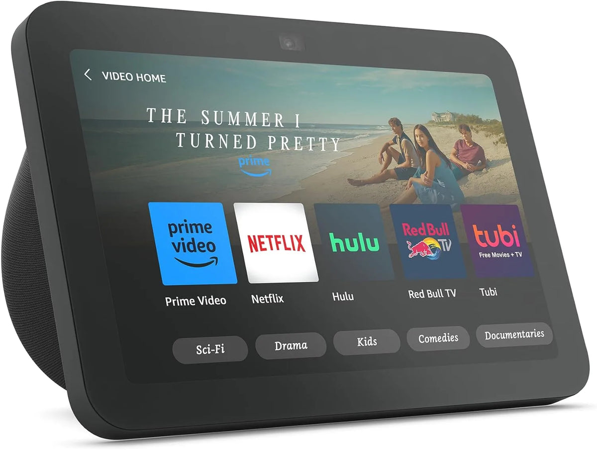 AMAZON ECHO SHOW 8 NEGRO con pantalla HD mostrando aplicaciones de streaming en la interfaz de usuario