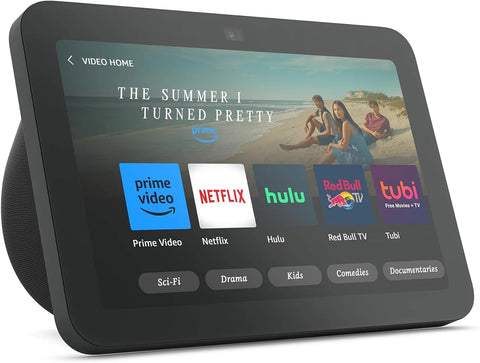 AMAZON ECHO SHOW 8 NEGRO con pantalla HD mostrando aplicaciones de streaming en la interfaz de usuario