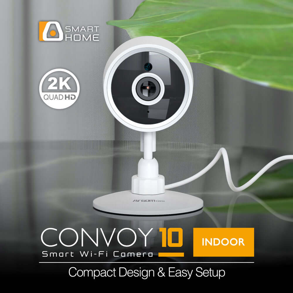 Cámara inteligente Wi-Fi 2K Convoy 10 para interiores, diseño compacto y fácil configuración.