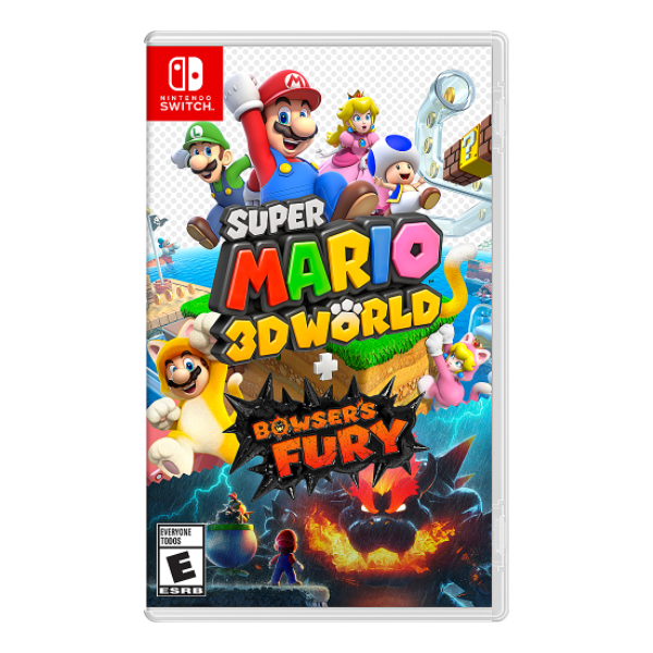 Cover of JUEGO SUPER MARIO 3D WORLD + BOWSER'S FURY for Nintendo Switch featuring characters and vivid artwork.