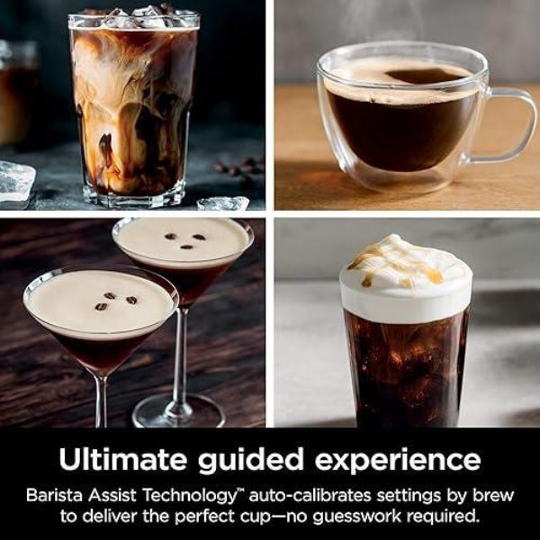 Varias bebidas preparadas con la CAFETERA PREMIER 3 EN 1 EXPRESSO NINJA LUXE, incluyendo café expreso, frappé y cold brew.