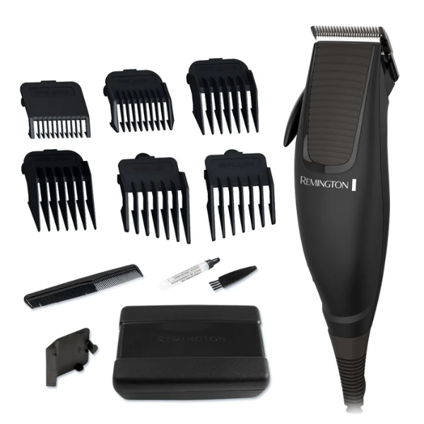 Remington Kit Cortadora De Cabello 12 Piezas Hc1096A-110F kit completo con cortadora, 6 peines guía, tijeras, aceite y accesorios para corte familiar
