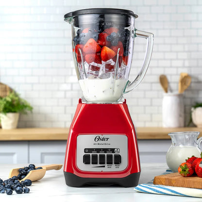Licuadora Oster 2 Velocidades, Vaso Vidrio Boroclass, Motor Duradero, Cuchilla Trituradora De Hielo, Capacidad 1.5L, Acabado Rojo