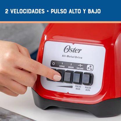 Licuadora Oster 2 Velocidades, Vaso Vidrio Boroclass, Motor Duradero, Cuchilla Trituradora De Hielo, Capacidad 1.5L, Acabado Rojo