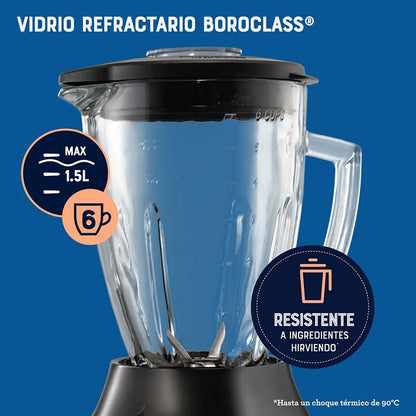 Licuadora Oster 6 Velocidades Con Motor De 800W Y Vaso De Vidrio Refractario Boroclass, Capacidad 1.5 Litros, Cuchilla De Acero Quirúrgico Y Tapa Con Cuchara Medidora De 60Ml.