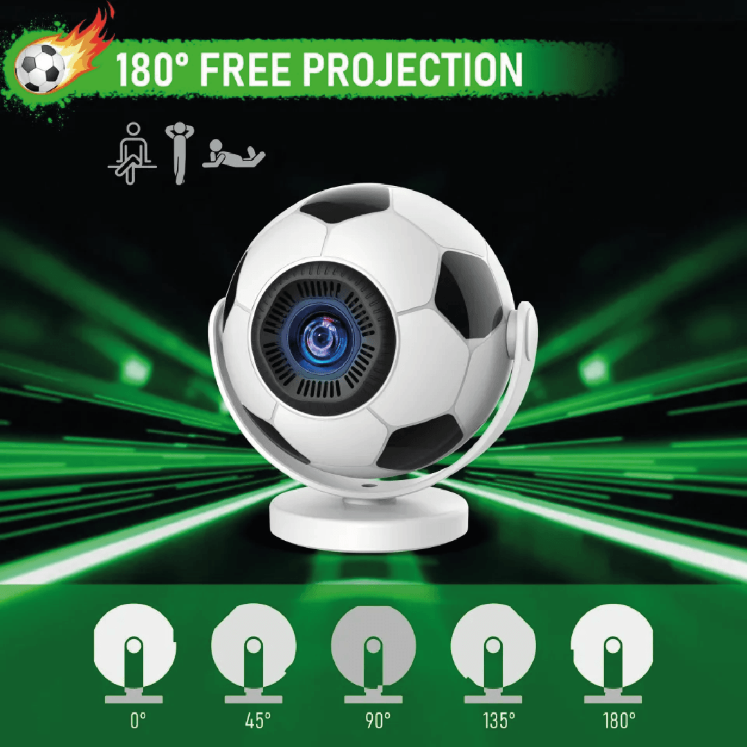 Proyector portátil 720P fútbol con proyección libre de 180°, ideal para disfrutar de videos y películas en cualquier lugar.