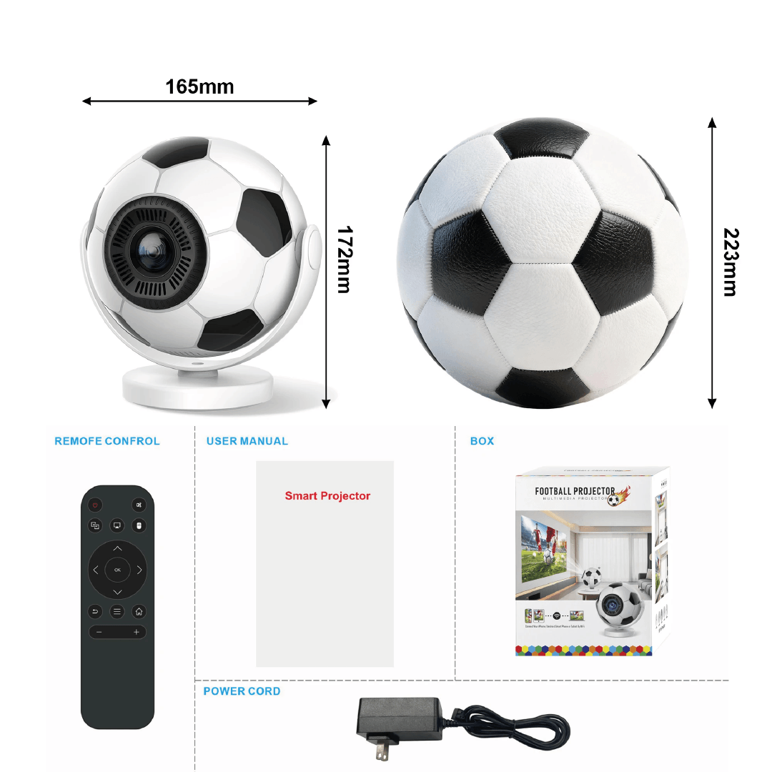Proyector portátil 720P fútbol, diseño en forma de balón de fútbol, incluye control remoto y manual.