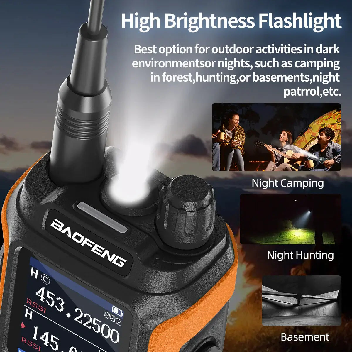 Walkie-talkie Baofeng BF-21 con linterna de alta luminosidad para acampadas y actividades al aire libre.