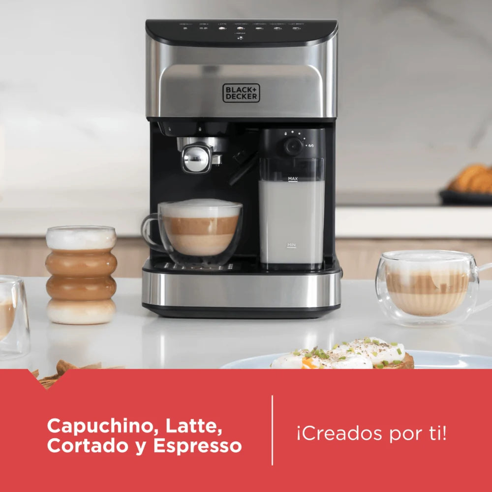 Black + Decker maquina de cafe espresso gustoso - EM0412-1SDLA en acción con tazas de café recién preparadas en la cocina