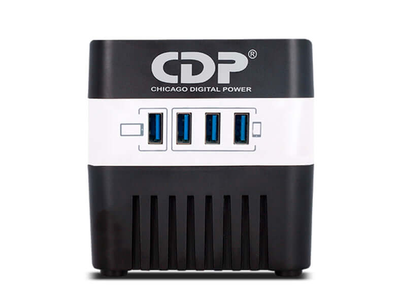 Regulador AVR 120V 500VA USB de CDP con 4 puertos USB, diseño compacto y eficiente.