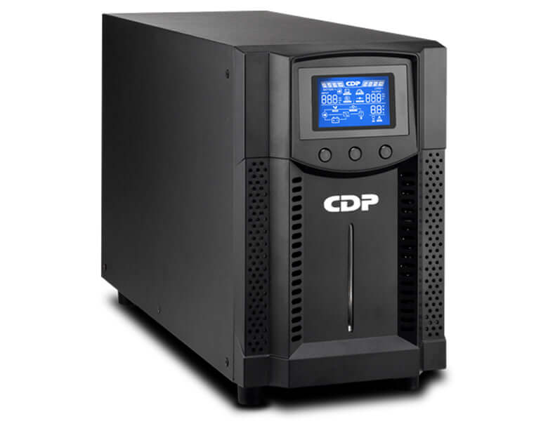 CDP UPS online 1500 VA, dispositivo de alimentación ininterrumpida con pantalla y diseño compacto.