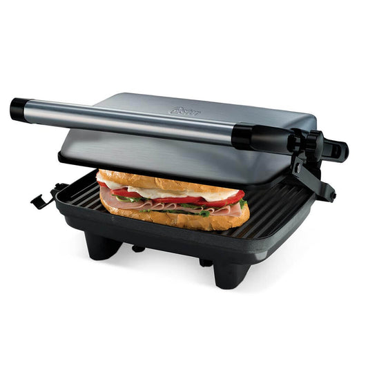 Parrilla Sandwichera Compacta Oster - Altura Ajustable, Planchas Antiadherentes, Almacenamiento Vertical - Acero Inoxidable Resistente.