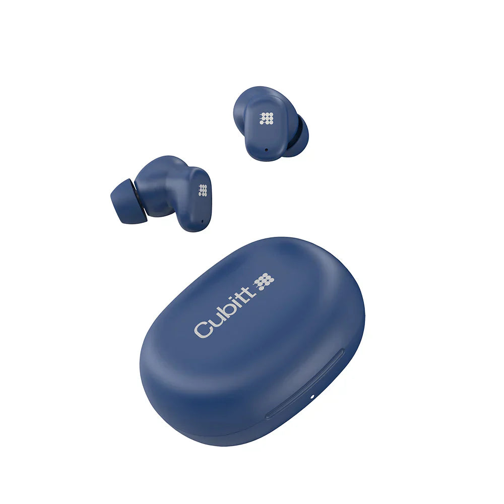 AUDIFONO INALAMBRICO CUBITT BUDS AZUL con estuche de carga, diseño ergonómico y tecnología de cancelación activa de ruido.
