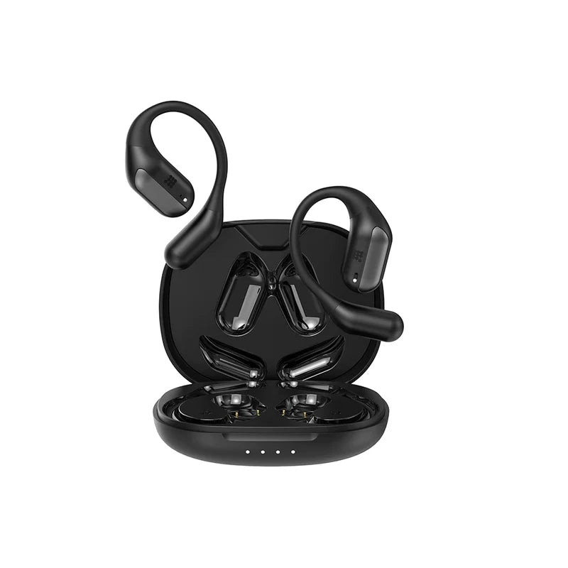 AUDIFONO INALAMBRICO CUBITT NEGRO diseño open-ear en estuche de carga, ideal para entrenamientos y uso diario.
