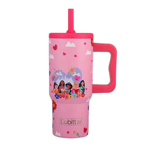 TERMO CUBITT KIDS 24 OZ DISNEY PRINCESAS pink tumbler with Disney princess design and handle
