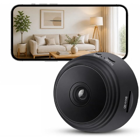 Cámara Wifi espia A9 para SD mostrando visualización en smartphone de una sala de estar moderna.