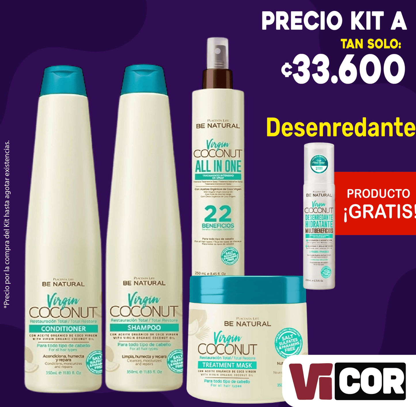 Kit shampoo + acondicionador + crema + termo + regalía desenredante de coco.