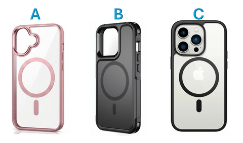 Diferentes modelos de Estuche iPhone 17 en colores variados, incluyendo transparente rosado, negro y blanco con negro.