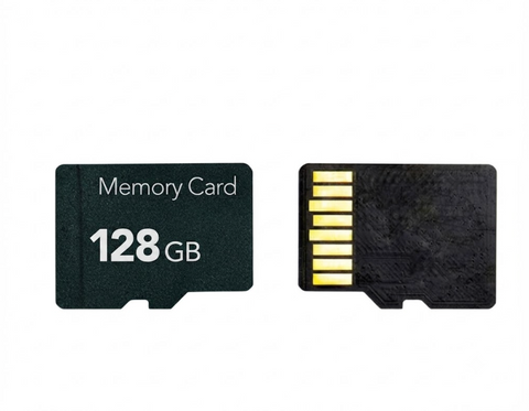 Memoria SD 128gb genérica con 1 mes de garantia, mostrando parte frontal y trasera del producto.