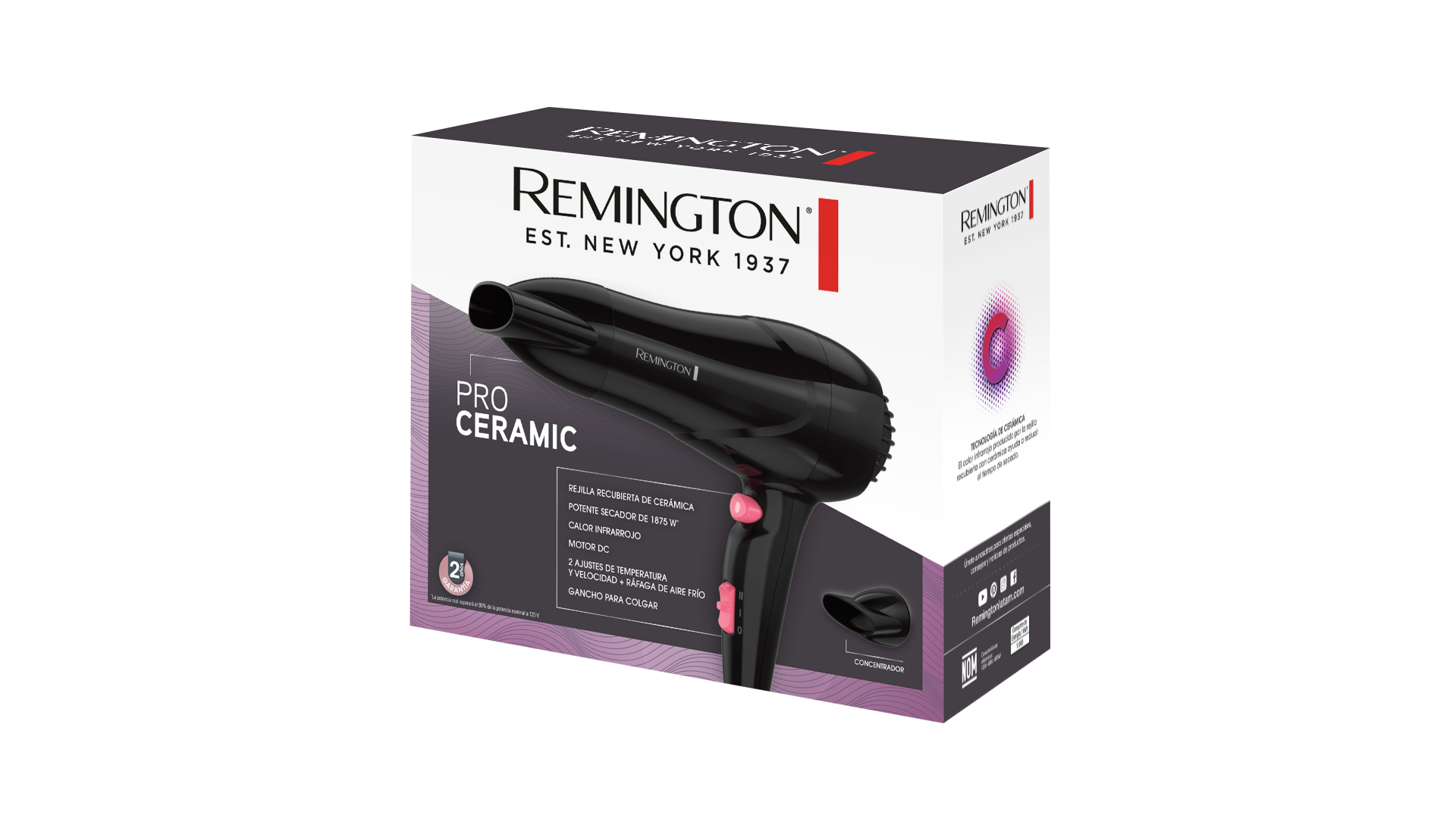 Secadora pro cerámica Remington en su empaque, ideal para un secado rápido y uniforme.
