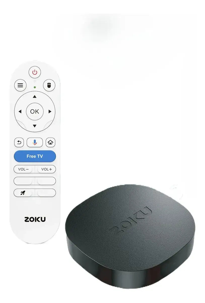 Zoku 4K Plus Streaming Device con control remoto y diseño compacto.