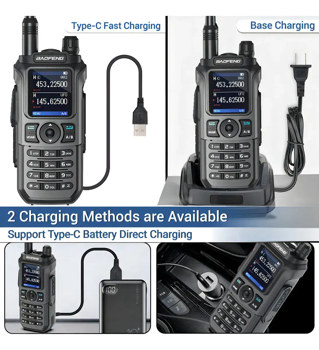 Walkie-talkie Baofeng BF-21 mostrando métodos de carga rápida y básica, resaltando su versatilidad.