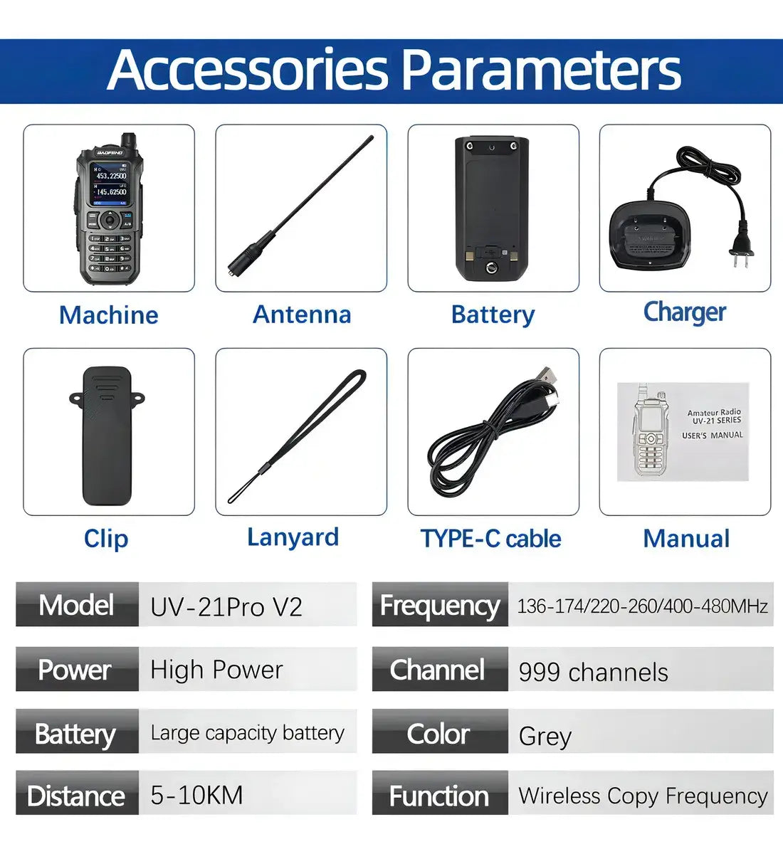 Especificaciones del walkie-talkie Baofeng BF-21 UV-21 PRO V2, accesorios y parámetros de rendimiento.