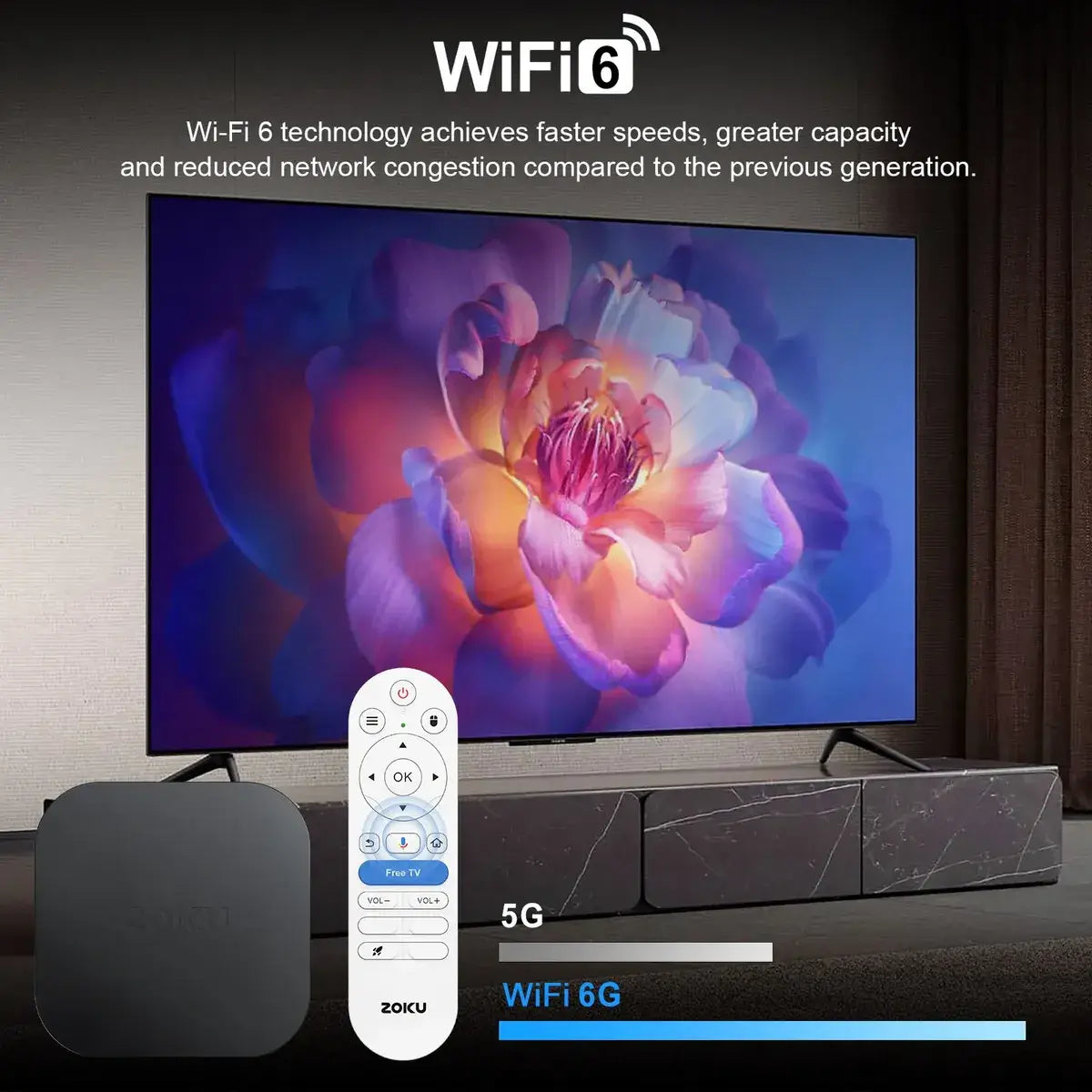 Zoku 4K Plus Streaming Device con Google TV y Wi-Fi 6, muestra de entretenimiento en Ultra HD.