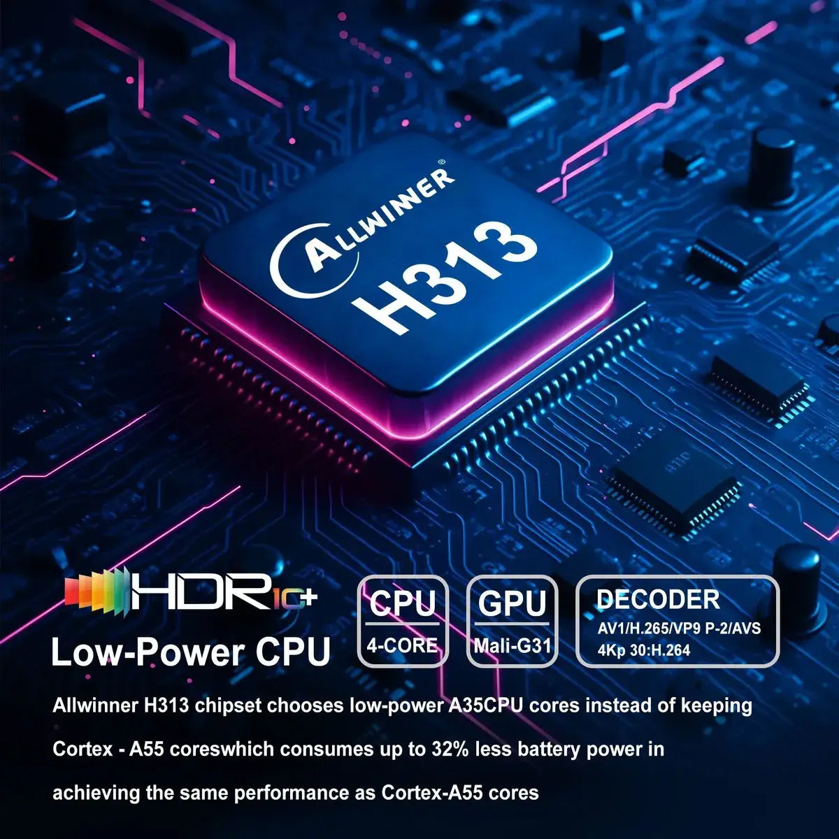 Chipset Allwinner H313 de bajo consumo para rendimiento óptimo en dispositivos de streaming.