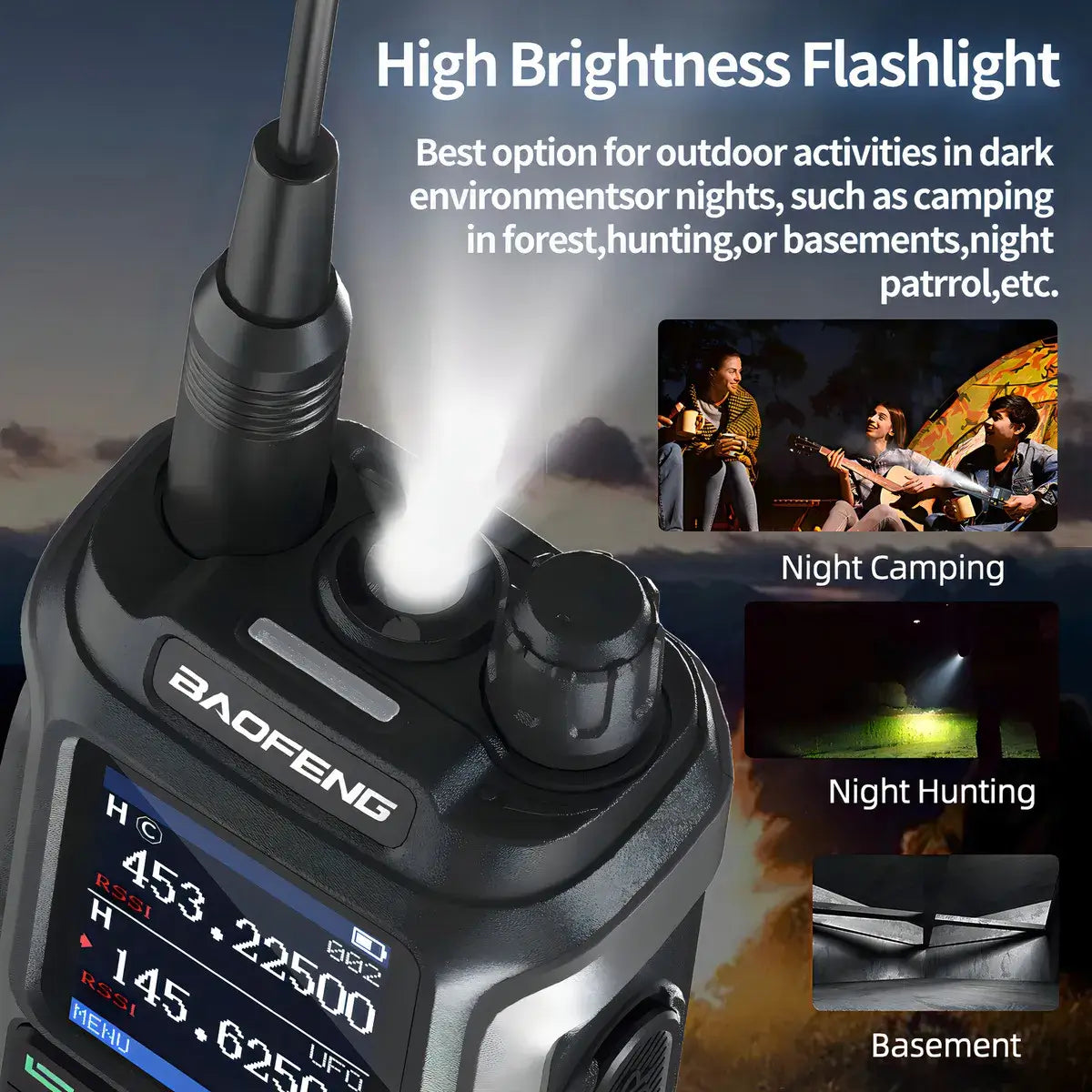 Walkie-talkie Baofeng BF-21 con linterna de alta luminosidad para camping y caza nocturna.