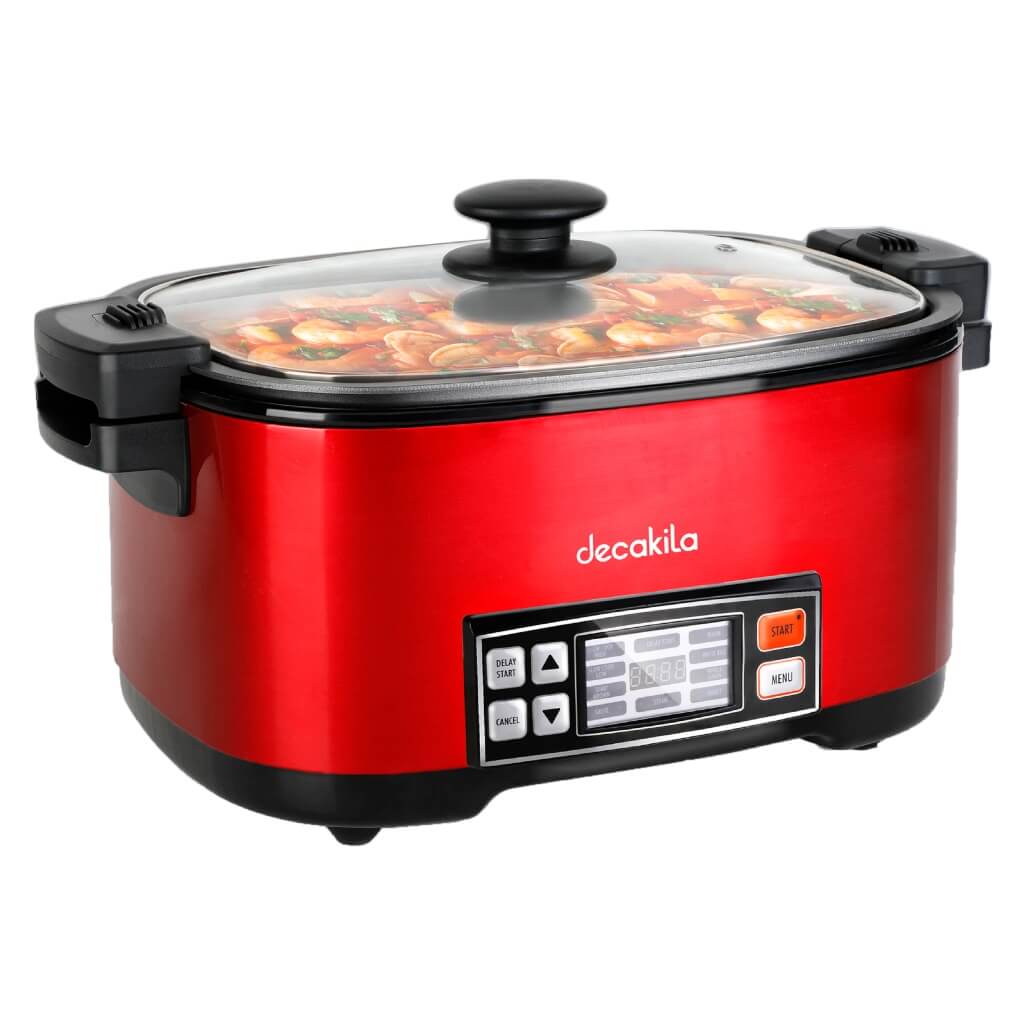OLLA MULTIFUNCIONAL 9 EN 1 6,5L 1350W KUEC026R Decakila en rojo con control digital y carcasa de acero inoxidable.