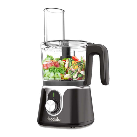 Procesador de alimentos Decakila con batería 11.1V, 1.25L, negra, modelo KMMG005B, con verduras frescas en el recipiente.